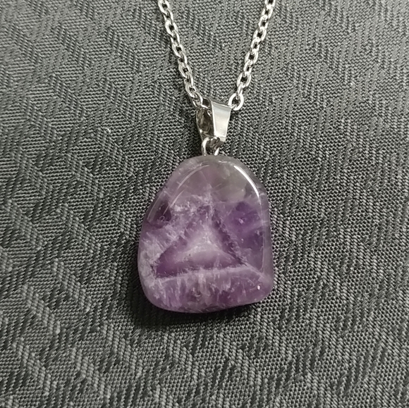 Chevron Purple Amethyst Necklace Natural Gemstone Pendant Stainless-Steel Chain - Picture 10 of 17